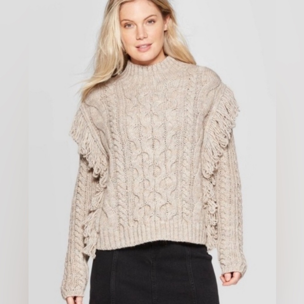 Gray Universal Thread Cable Knit Fringe Turtleneck Sweater